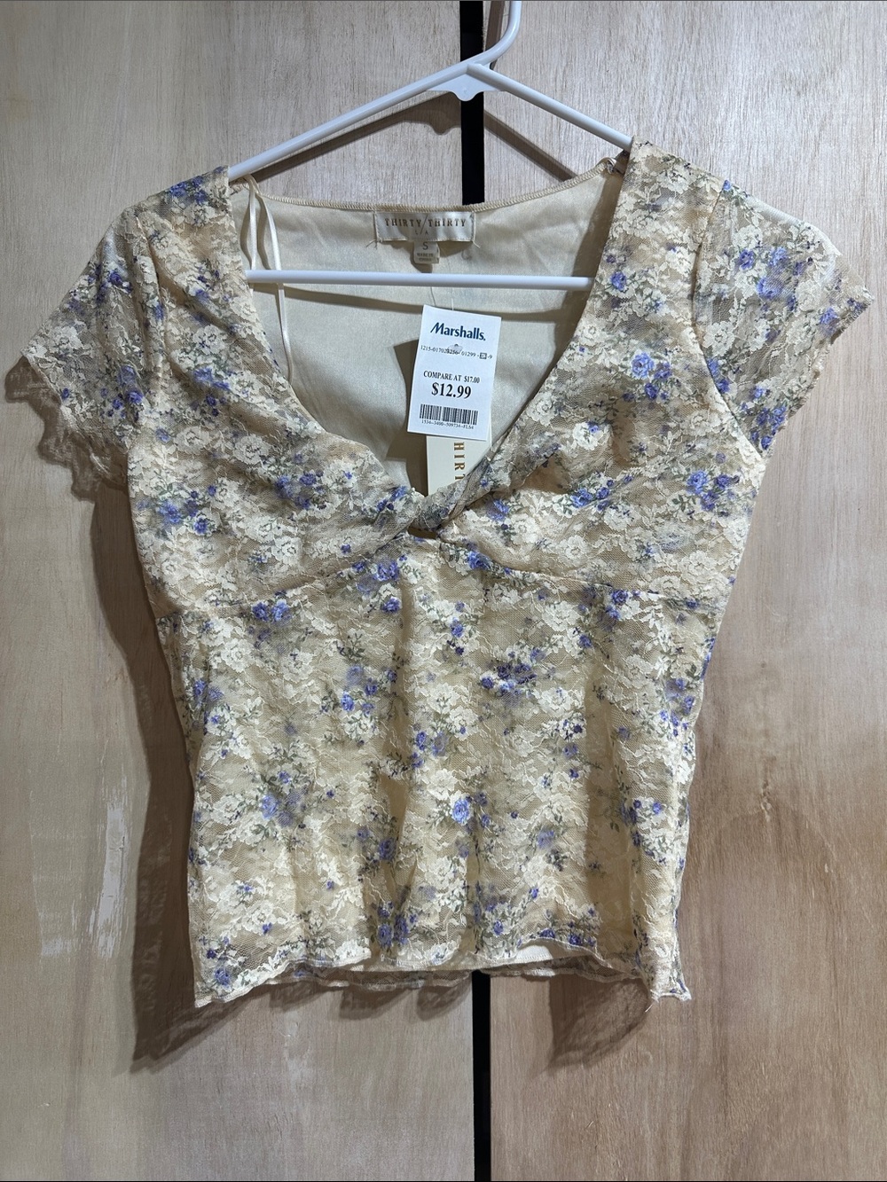 Floral Lace Cream Crop Top with Blue Accents 0067